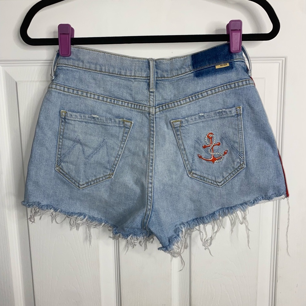 MOTHER Easy Does It Light Blue Denim High-Rise Frayed Hem Shorts with Red Anchor